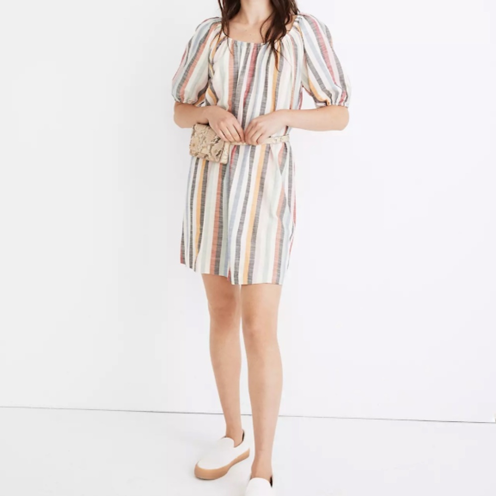 Madewell Puff-Sleeve Trapeze Mini Dress in Rainbow Stripe